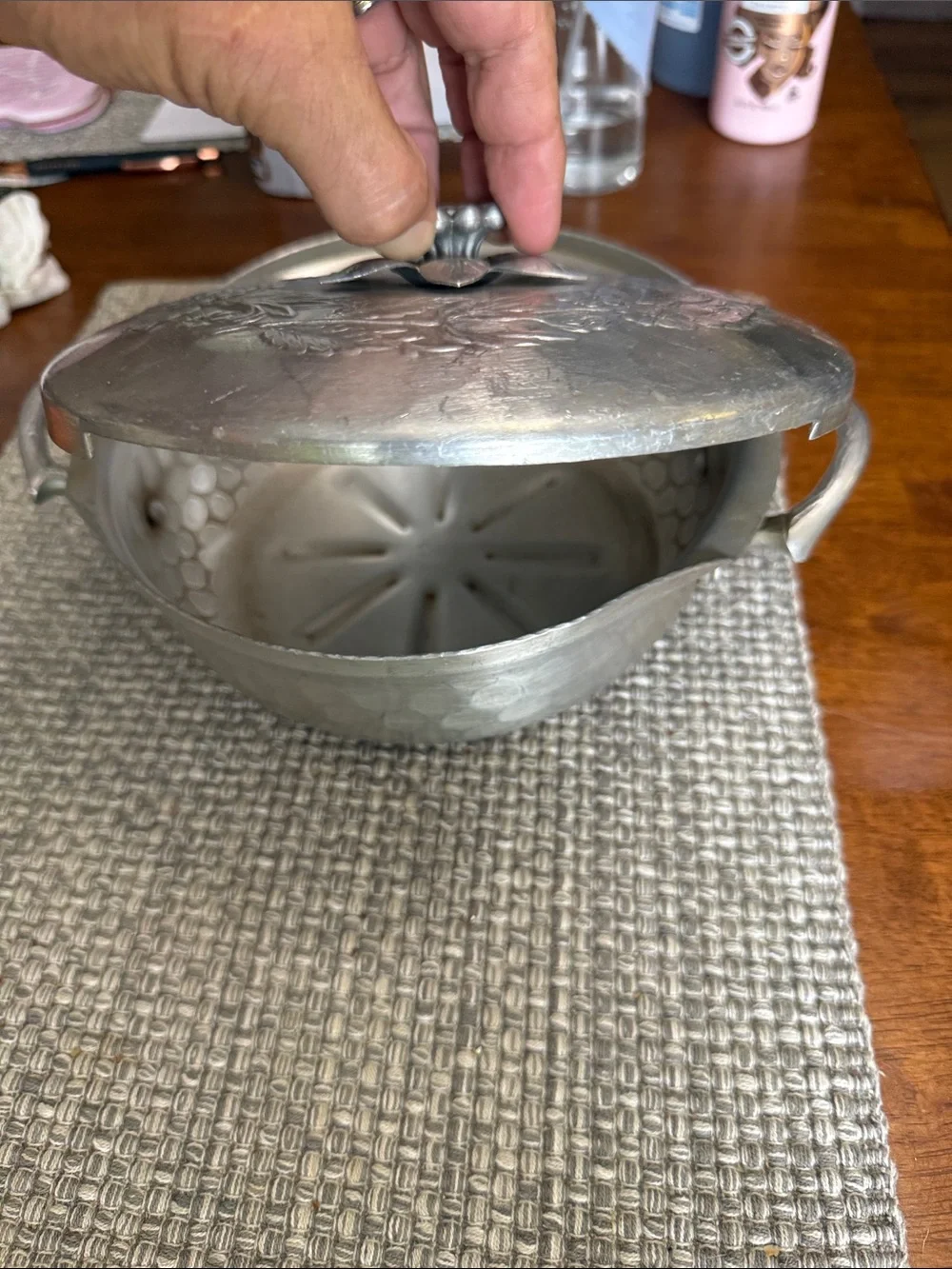 Silver Decorative Covered Casserole Pot - Elegant Floral Design
